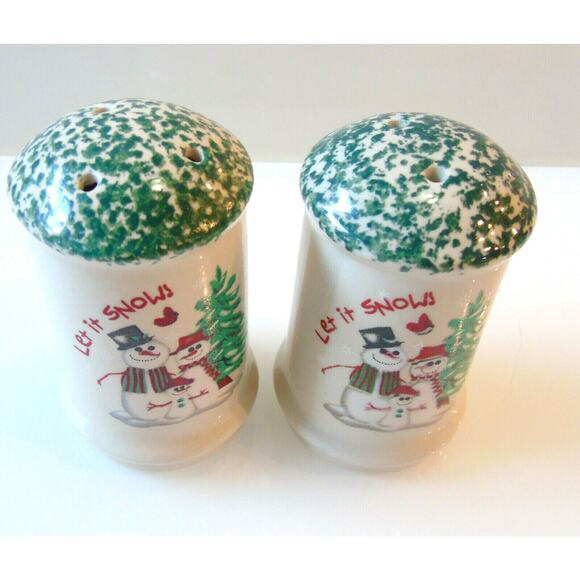 Atika Salt & Pepper Shakers Let It Snow Christmas Holiday China Snowman Cardinal - Picture 3 of 7